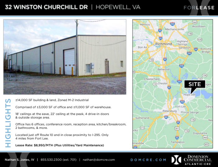 32 Winston Churchill Road, Hopewell, Virginia, ,Industrial,For Lease,32 Winston Churchill Road,1225